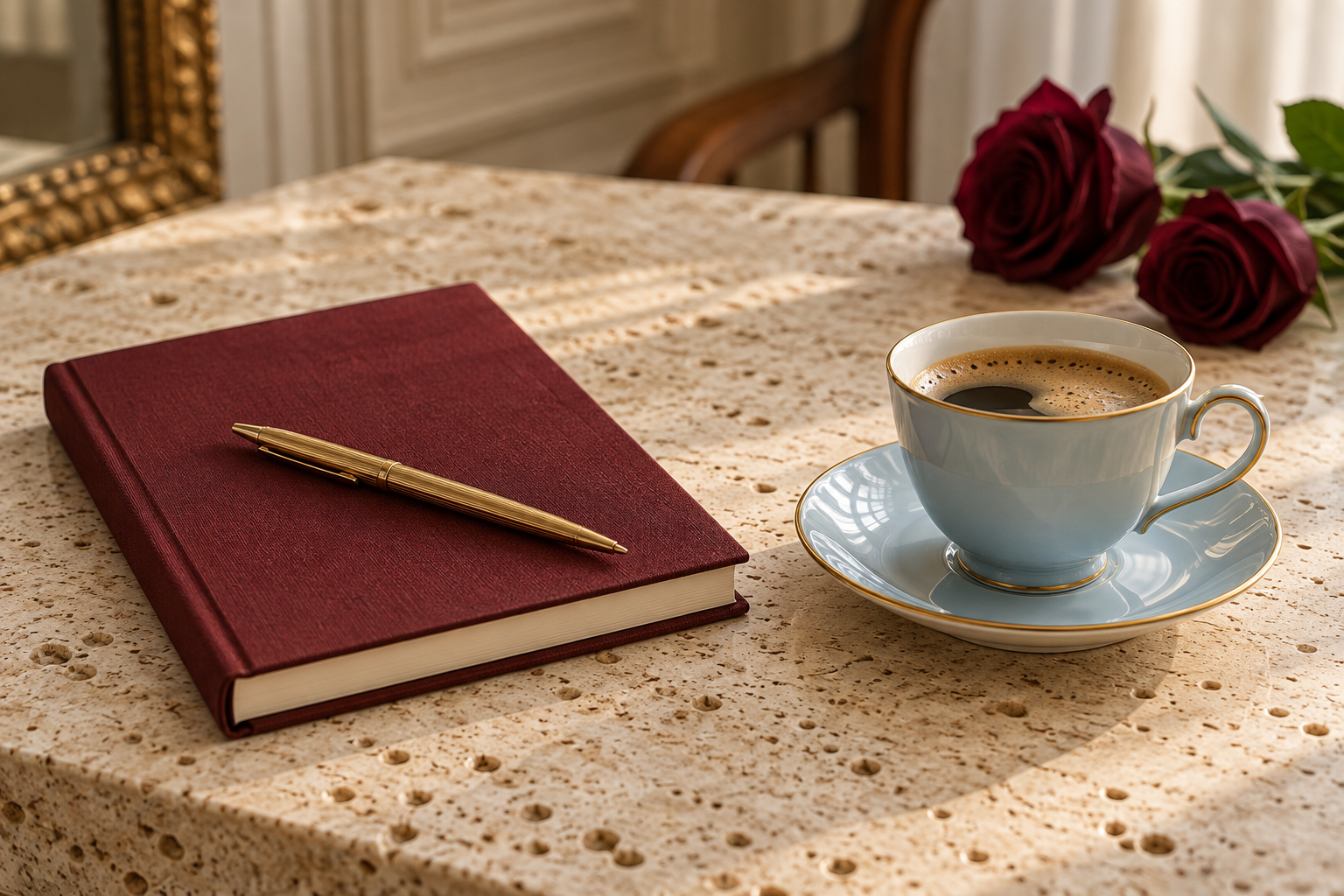 Błękitna filiżanka kawy obok winnego notesu